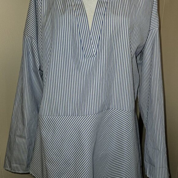 * STUDIO 1886 Blue White Pinstripe Long Sleeve Asymmetrical Hem Blouse Ladies L - Picture 3 of 5